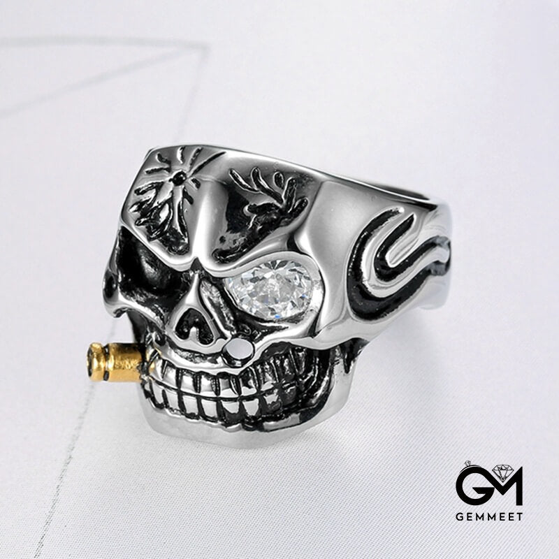 White Eyes Gold Pipe Skull Ring