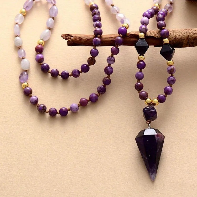 Natural Amethyst Purple Jade Beaded Mala Necklace