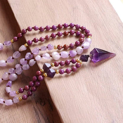 Natural Amethyst Purple Jade Beaded Mala Necklace