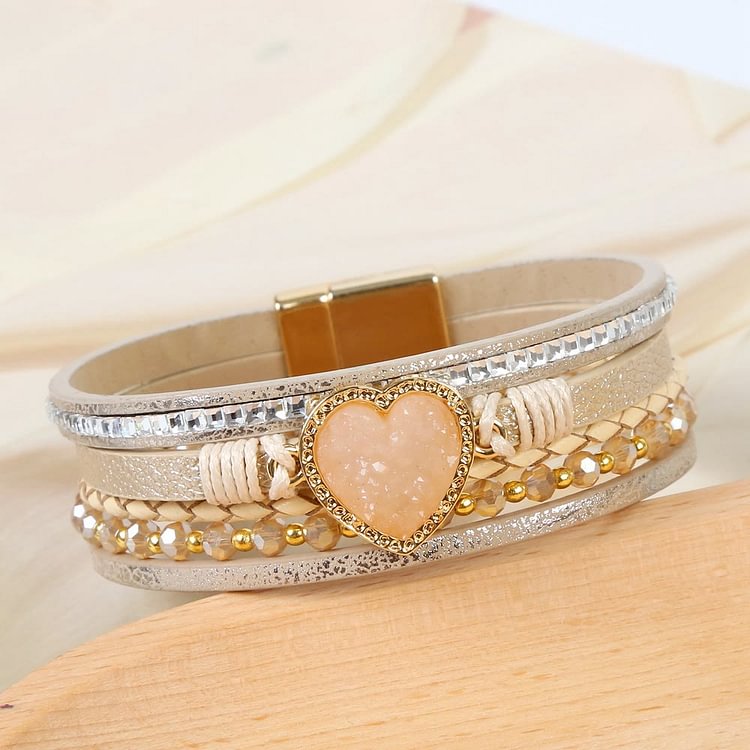 Heart Shape Cluster Multilayer Braided Leather Bracelet