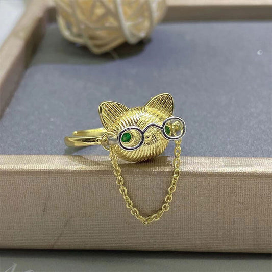 Hand-drawn Doctor Cat Ring Female Simulation Emerald Cute Cartoon Ring