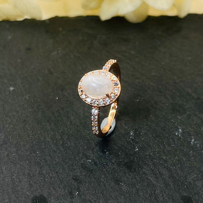 Oval Cut Rose Golden Moonstone Halo Ring