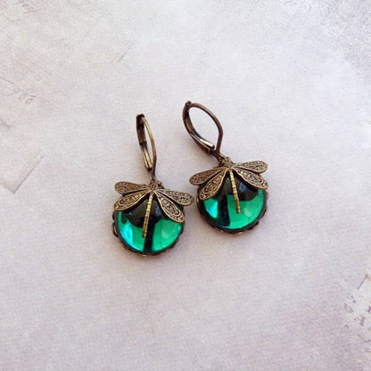 Green Glass Vintage Dragonfly Earrings