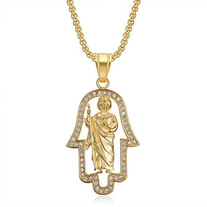 Hiphop Gold-plated Money Inlaid Zircon St. Jude Hand of Fatima Pendant