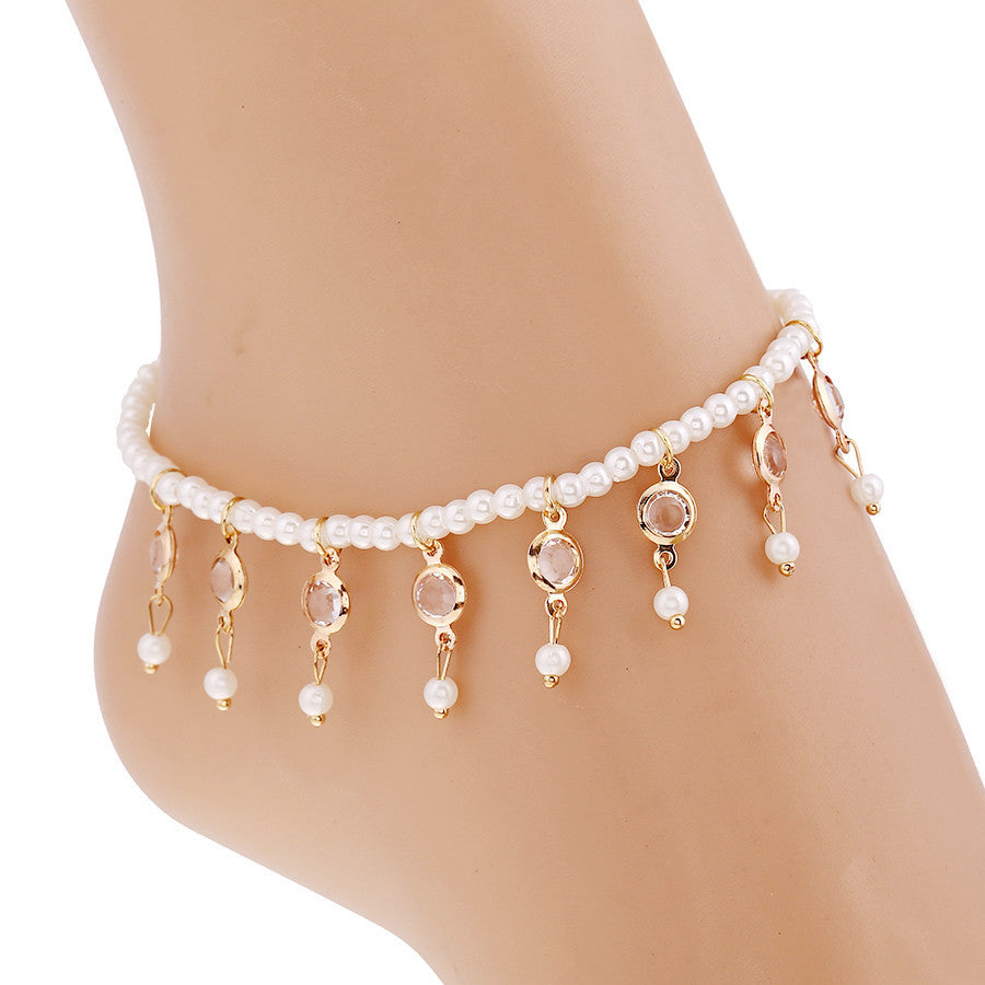 Bohemia Dangle Crystal Pearl Link Adjustable Anklet