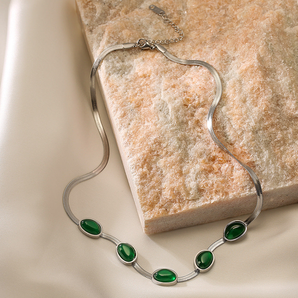 Oval Cut Green Stones Flake Chain Necklace