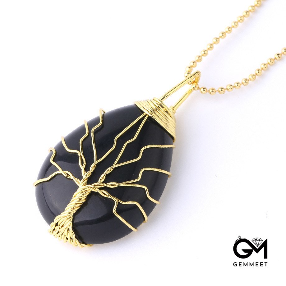 Gold Thread Drops Black Agate Pendant Necklace