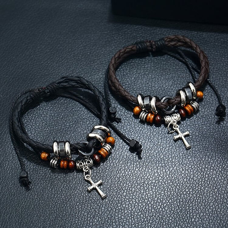 Braided Woven Leather Cross Tiger Eye Bracelet