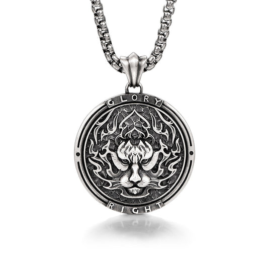 Round Flame Tiger Head Sterling Silver Pendants Necklace