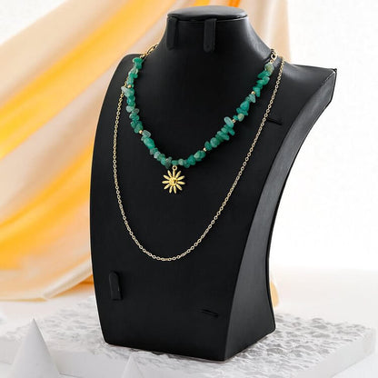 Natural Amazonite Sun Pendant Double Layer Necklace