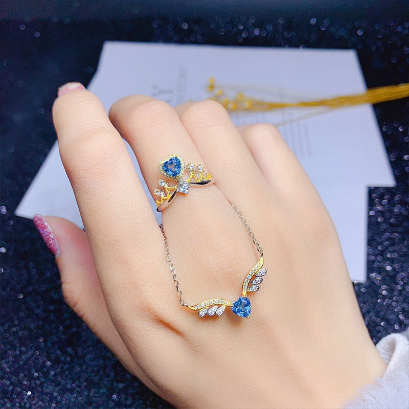 Angel Wings Necklace Imitation Natural Heart Shaped Blue Topaz Set Colored Treasure Ring Pendant