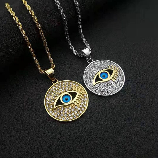 Hip Hop Gold Plated Zirconia Blue Eyes Circle Pendant