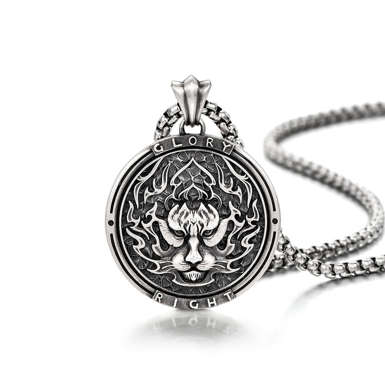 Round Flame Tiger Head Sterling Silver Pendants Necklace