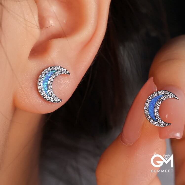 Blue Opal Zircon Moon Shape Earrings