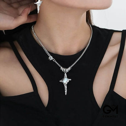 Moonstone Pleated Star Pendant Alloy Necklace