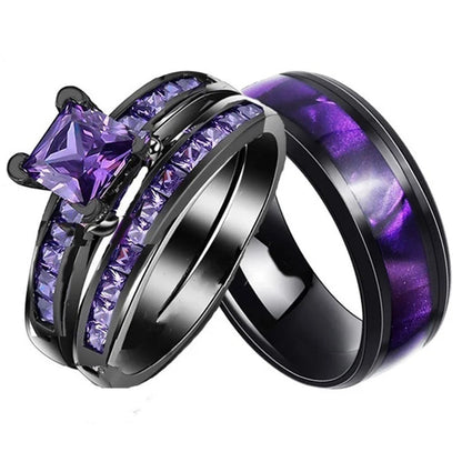 Black Gold Double Layer Purple Stones Love Couple Rings