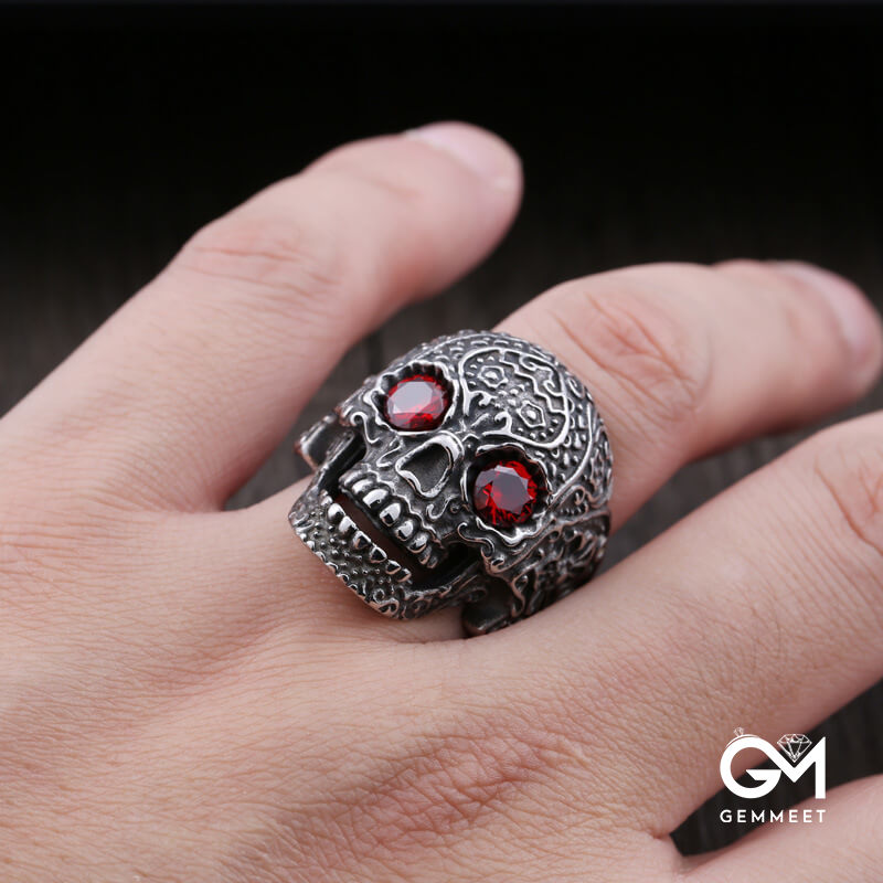 Titanium Steel Inlaid with Zircon Carved Skull Ring