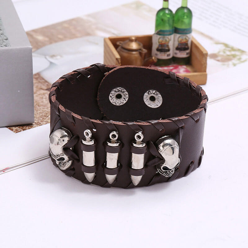 Punk Leather Bullet Skull Bracelet