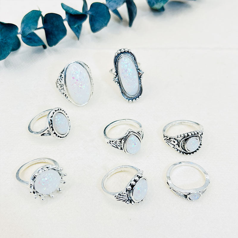 Artificial Oval Opal 8-Piece Ring Set