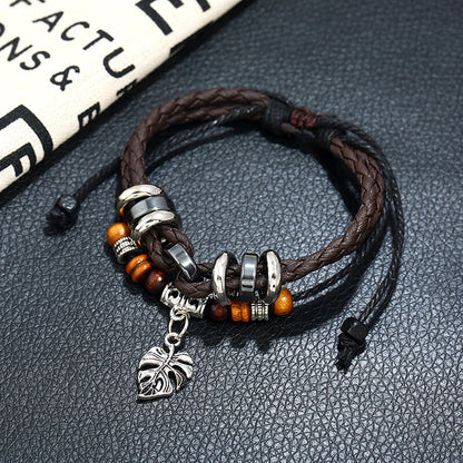 Layered Braided Leaf Pendant Men's Bracelet