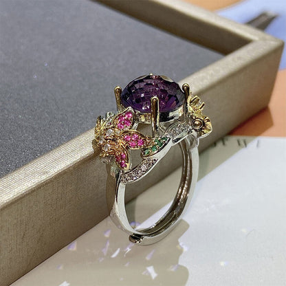 Colorful Flower Opening Colored Treasure Ring Two-color Gold Craft Hand-inlaid Firework Cut Purple Diamond Ring