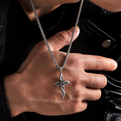 Sterling Silver Vintage Cross Rose Pendants Necklace