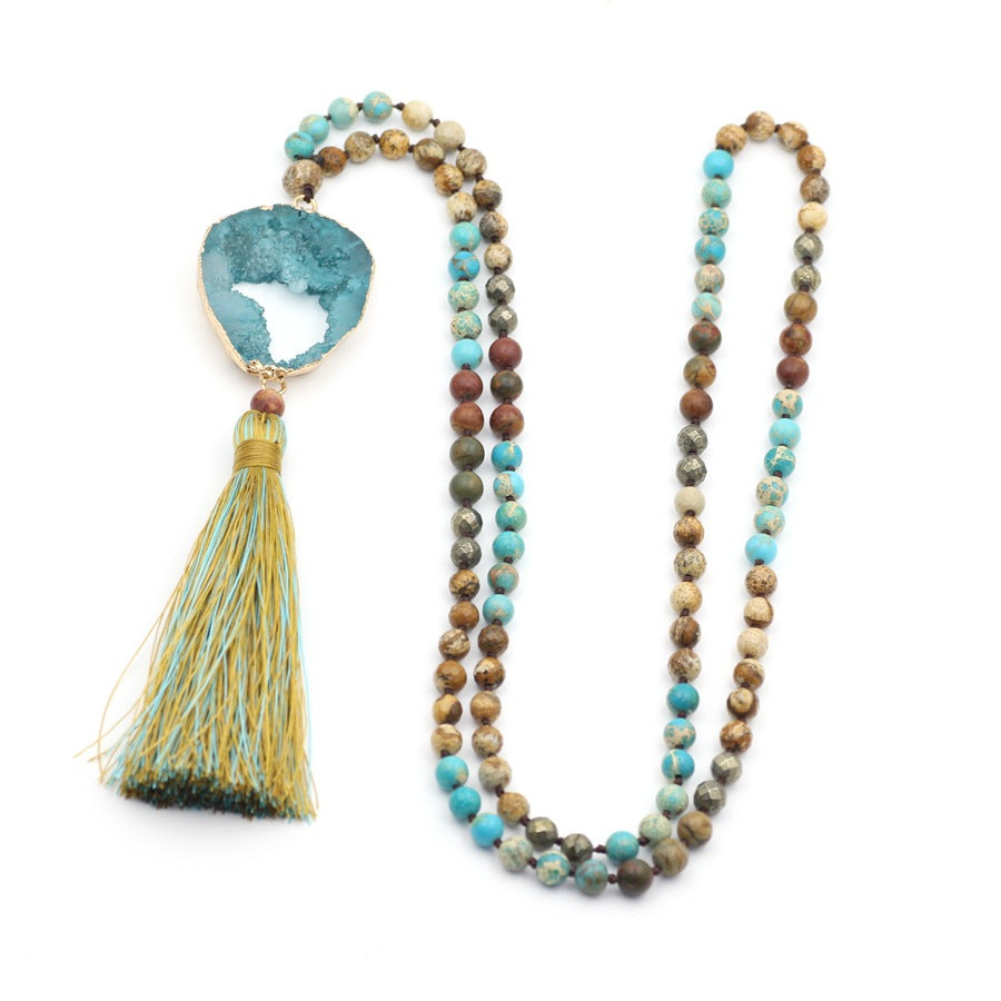 Multicolored Stone Bead Crystal Bud Fringe Necklace