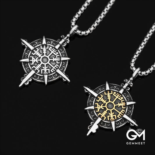 Vintage Stainless Steel Compass Rune Necklace