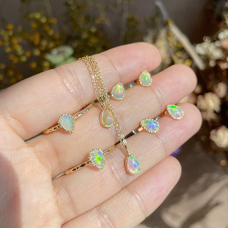 Opal Ring Earrings Drop Shape Pendant Necklace