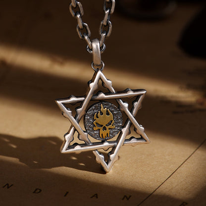 Sterling Silver Golden Skull Hexagram Pendants Necklace