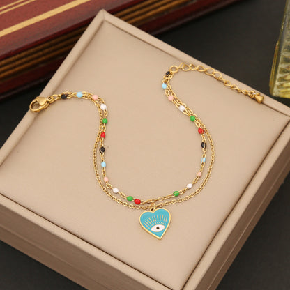 Color Bead Heart Evil Eye Pendant Bracelet Necklace & Earrings