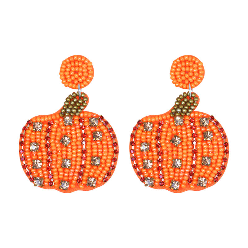 Halloween Handmade Rice Beads Inlaid Zircon Pumpkin Earrings for Women