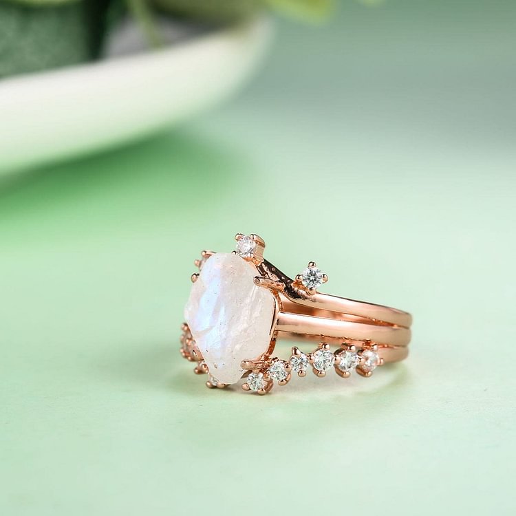 Irregular Moonstone White Zircon Rose Gold Ring