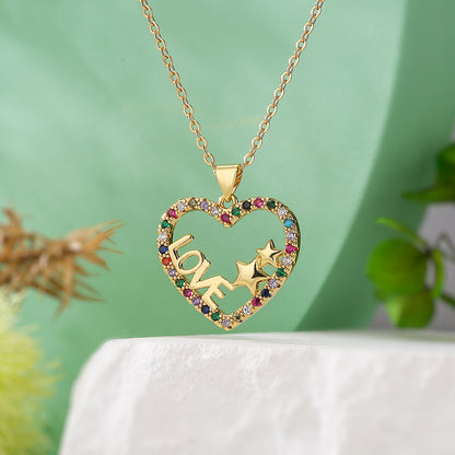 Color Stones Hollow Heart & Star Pendant Necklace