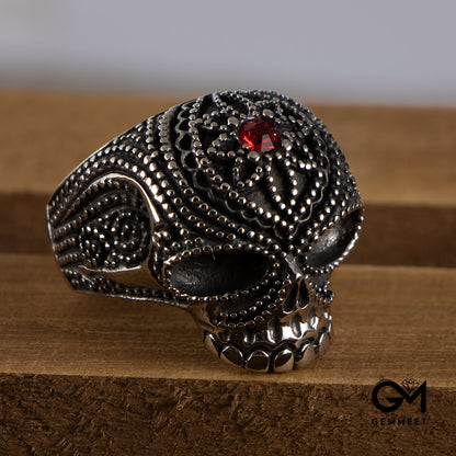 Titanium Steel Skull Ghost Head Flower Red Zircon Ring