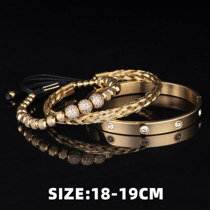 3 Pcs Luxury Micro Pave Round Bead Charm Golden Bracelet