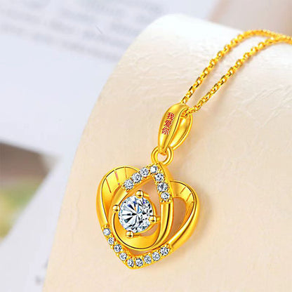 Golden Heart-Shaped Zircon Pendant Necklace