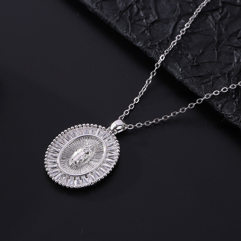 Fashion Retro Palace Light Luxury Oval Madonna Personality Temperament Micro Inset Zircon Pendant