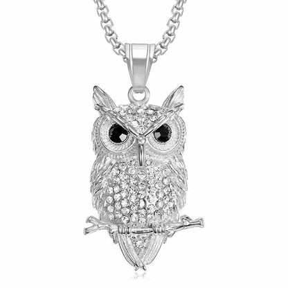 HIPHOP Jewelry Titanium Steel Gold Plated Inlaid Zircon Owl Pendant