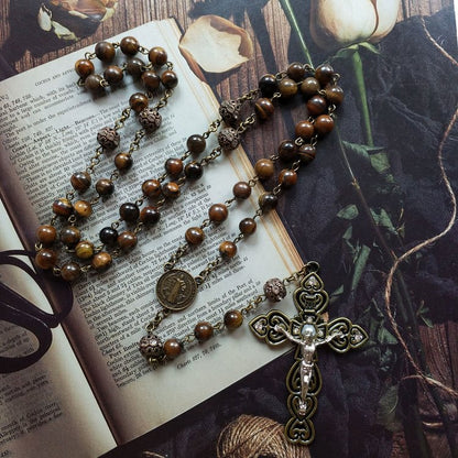 Grade A Tiger Eye Cross Pendant Rosary Necklace