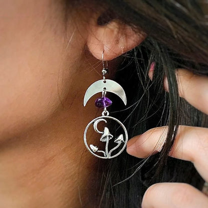 Natural Crystal Moon Mushroom Pendant Earrings