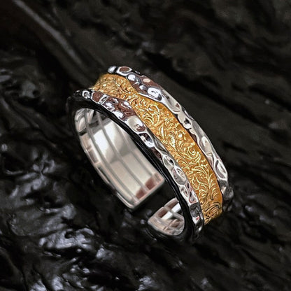 Niche Design Arabesque Pattern Ring Carved Two-color Gold Color Matching Open Ring