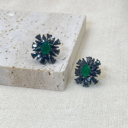 Black Stones Snowflake Green Zircon Earrings