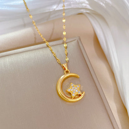 Moon & Full Stones Star Hollow Pendant Necklace