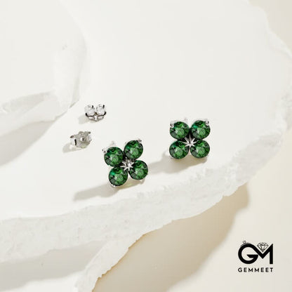 S925 Sterling Silver Four-leaf Clover Octet Star Green Zircon Earrings