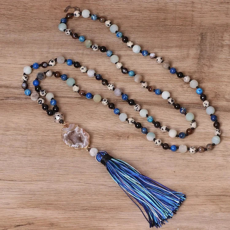 Amazonite Beaded Necklace Tassel Agate Pendant Mala Necklace