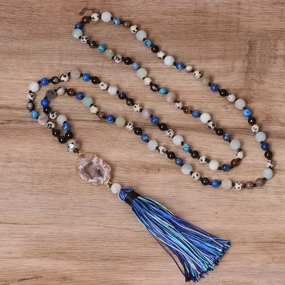 Amazonite Beaded Necklace Tassel Agate Pendant Mala Necklace