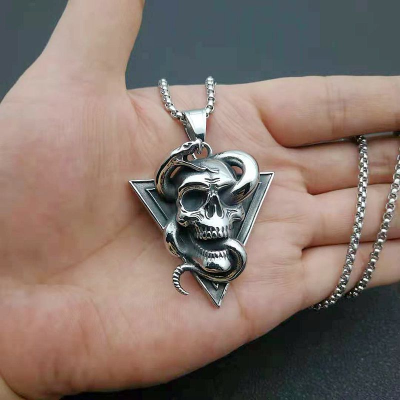 Vintage Skull and Snake Punk Titanium Steel Polished Skull Pendant