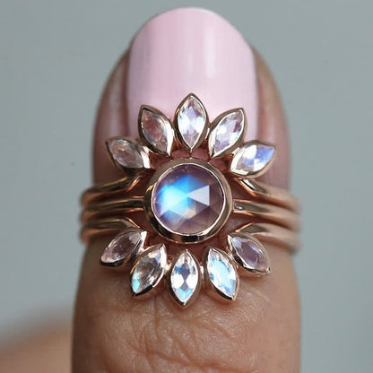 “Tide Goddess” - Sun Flower Moonstone 3 - Piece Ring