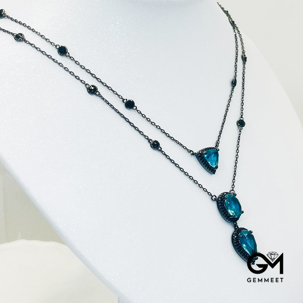 Double Triangular Drop-Shaped Pear-Shaped Blue Stone Pendant Necklace